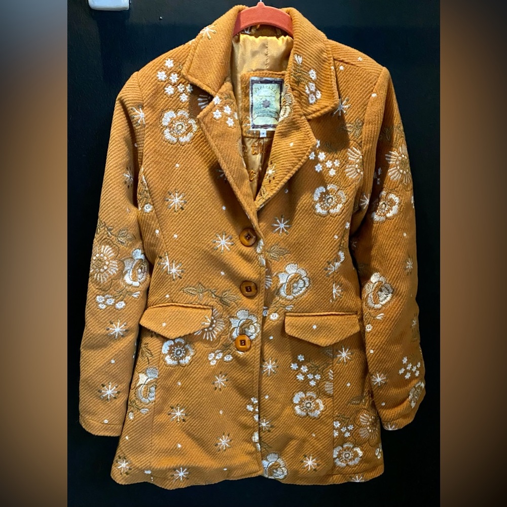 Funky Boho Wool Blend Floral Embroidered Pea Coat Paparazzi by Biz Burnt Orange